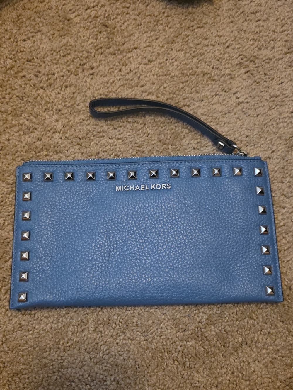 Michael Kors Blue Pebbled Leather Studded Wristlet